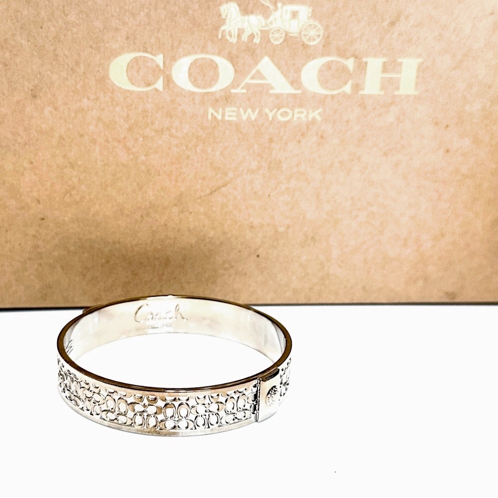 COACH Silver Signature Engraved Logo Bangle NWOT - Picture 9 of 12
